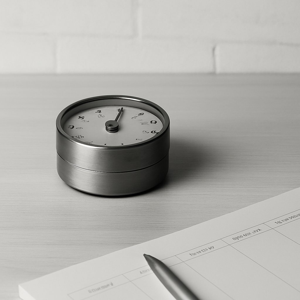 Analog timer and weekly grid planner neatly aligned on a desk.
